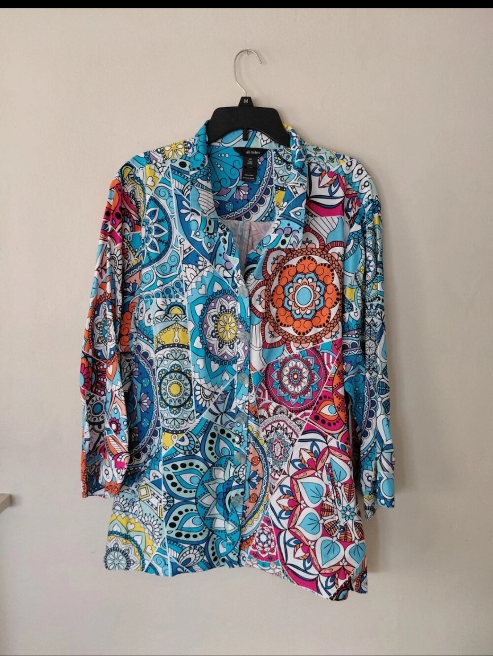 Nwt Ali Miles 2X Top Button Up NWT Blue Pink Kaleidoscope Collar plus size